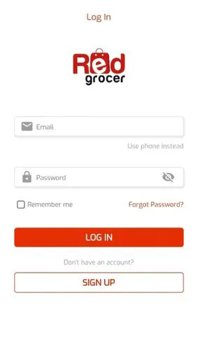 Red Grocer mobile app login page screenshot